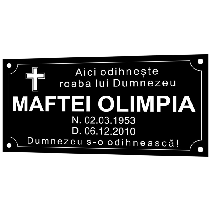 Placa funerara aluminu eloxat negru 200 x 100 x 1 mm, 1 Nume + Prenume