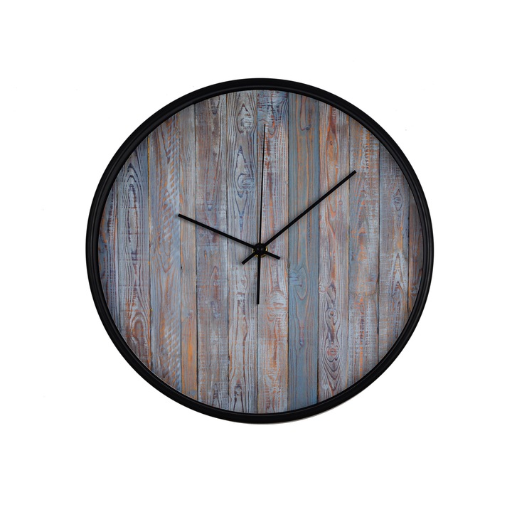 Ceas perete, produs DekoStore, pentru birou, living sau showroom, cu mecanism silentios, Print imitatie scanduri de lemn verticale, diametru 30 cm, rama neagra din plastic