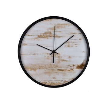 Ceas perete, produs DekoStore, pentru birou, living sau showroom, cu mecanism silentios, Lemn antichizat, diametru 30 cm, rama neagra din plastic Ceas perete, produs DekoStore, pentru birou, living sau showroom, cu mecanism silentios, Lemn antichizat, diametru 30 cm, rama neagra din plastic