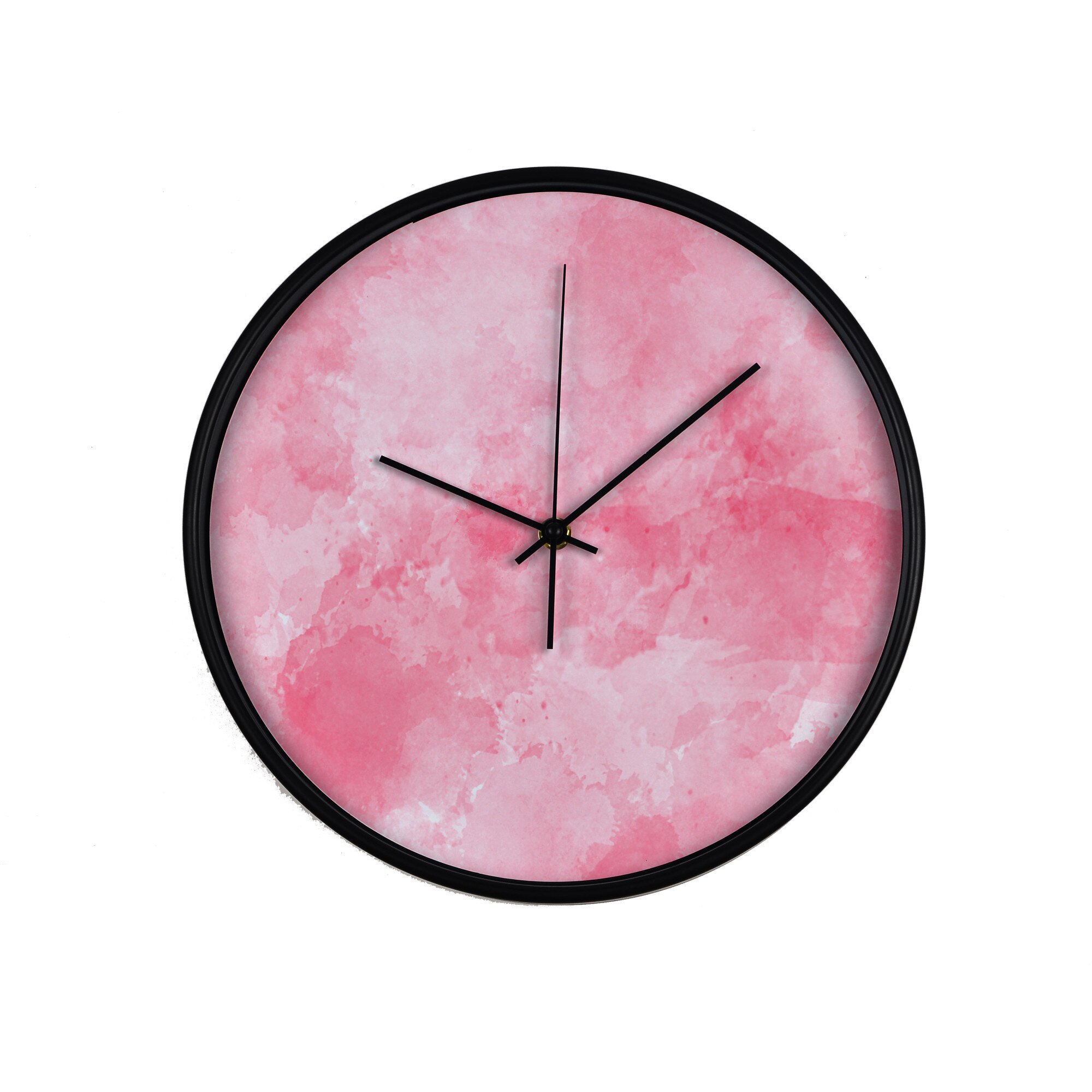 Ceas perete, produs DekoStore, pentru birou, living sau showroom, cu mecanism silentios, Influente roz, diametru 30 cm, rama neagra din plastic
