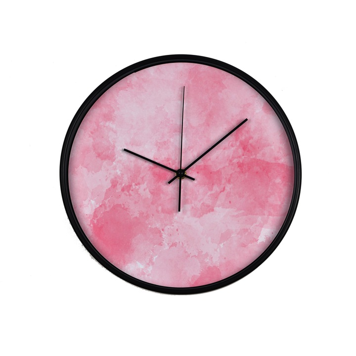 Ceas perete, produs DekoStore, pentru birou, living sau showroom, cu mecanism silentios, Influente roz, diametru 30 cm, rama neagra din plastic