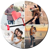 Ceas personalizat din sticla, model cu 4 poze, diametru 20 cm