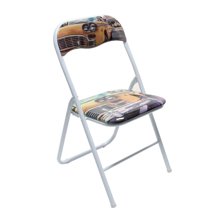 Art LOTUS összecsukható konyhai / nappali szék, kárpitozott ülés, fehér acél váz, sárga + fekete PVC