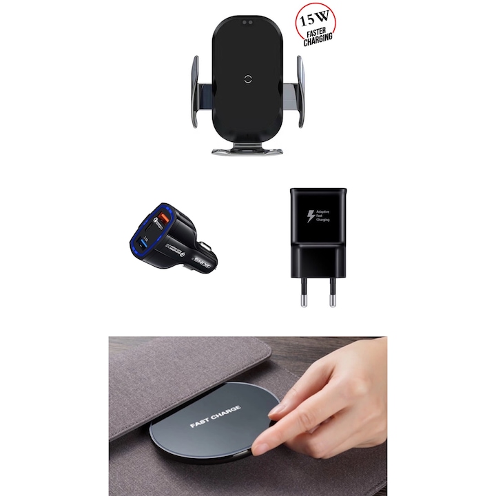 Set 4 buc : Incarcator car Automatic SMART sensor,15W, fast wireless chargers, +Incarcator Wireless Fast Charging Pad,10w +Incarcator retea Samsung Fast Charger, +Incarcator auto Fast 12v/3.5A