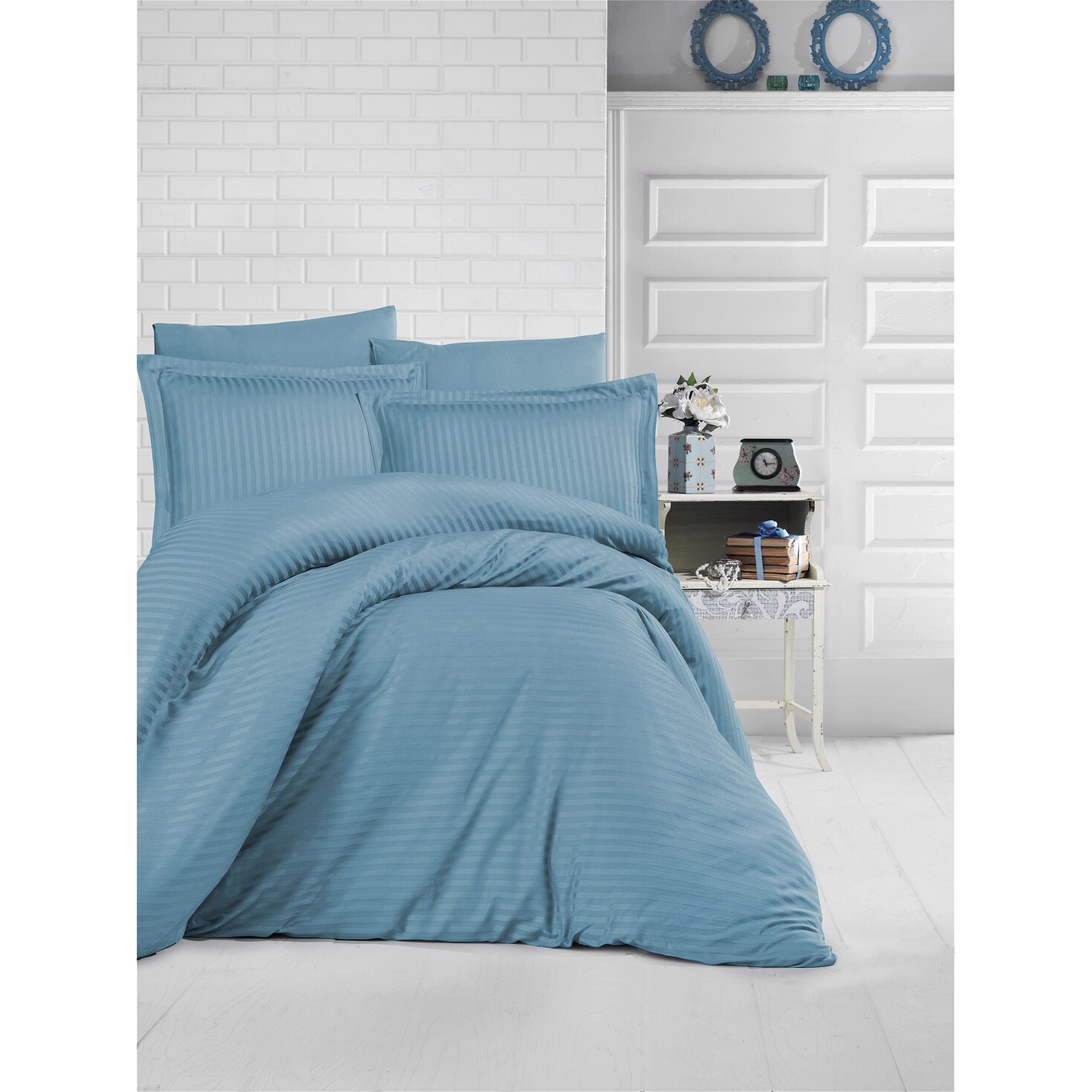 Lenjerie de pat XXL pentru 2 persoane Damasc Turquoise Ralex Pucioasa, 100% bumbac