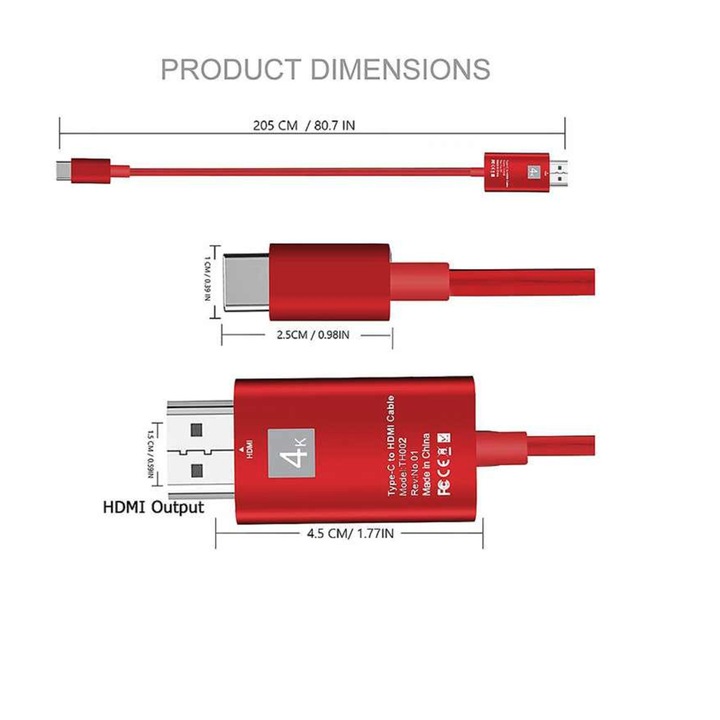 Кабел USB 3.1 тип C към HDMI 4K - HDMI Video Type C HUB адаптер 2 метра за Samsung Xiaomi и устройства с щепсел тип C, червен, BBL668