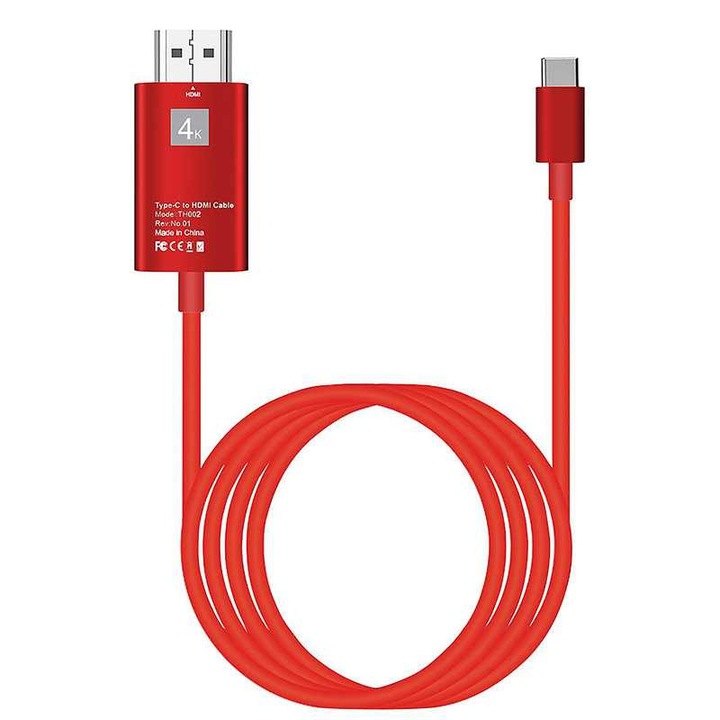 USB 3.1 тип C към HDMI 4K кабел - HDMI Video Type C HUB адаптер 2 метра за Samsung Xiaomi и устройства с щепсел тип C, червен, BBL668