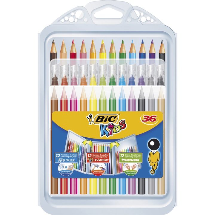 Set Creioane Colorate Evolution , Markere de Colorat Kid Couleur, Creioane Cerate Plastidecor, BIC
