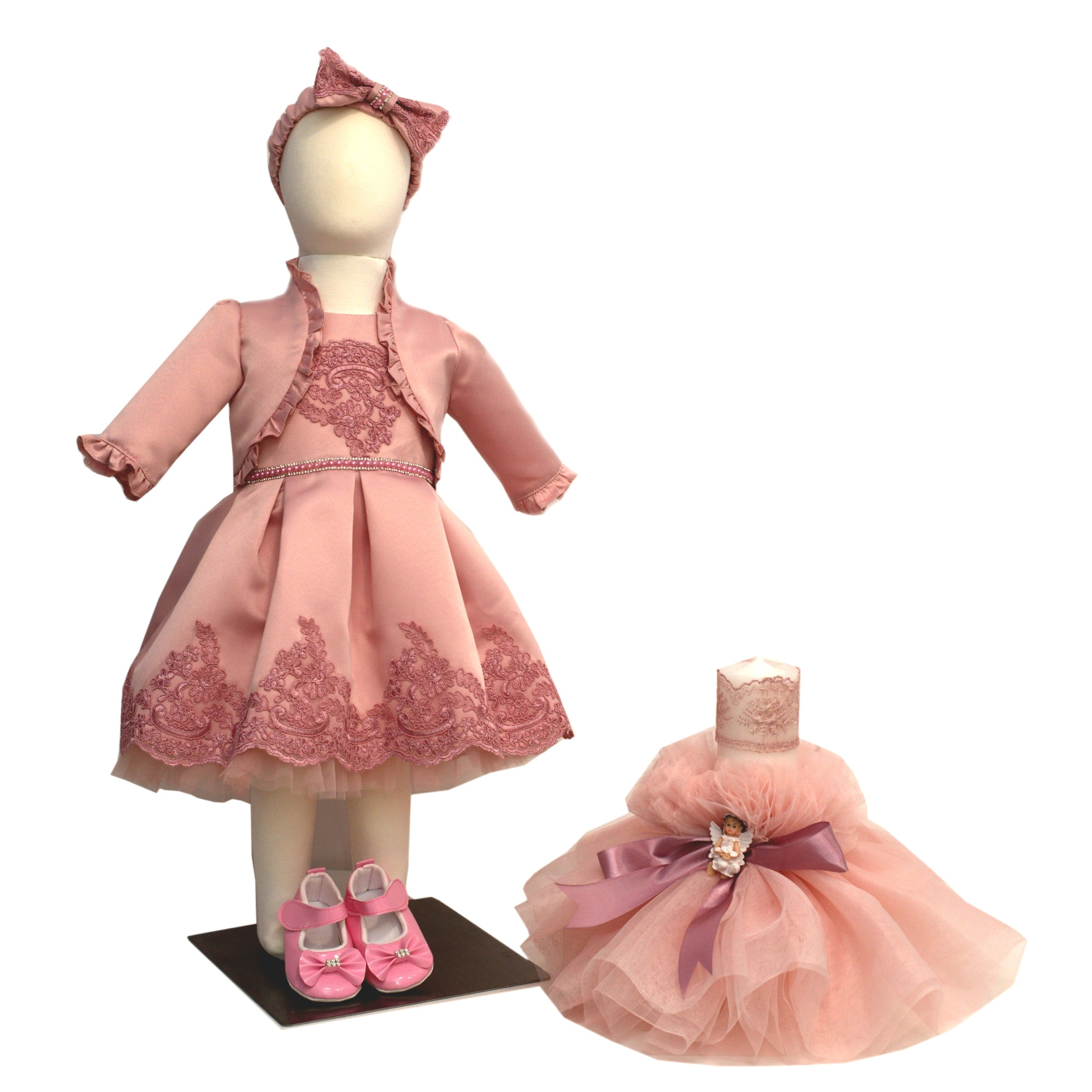 Set Botez Lempika Bebe Ariana, 6 piese, Rochita, Bolero, Bentita, Botosi, Lumanare Botez, Trusou Botez Biserica, 0-3luni