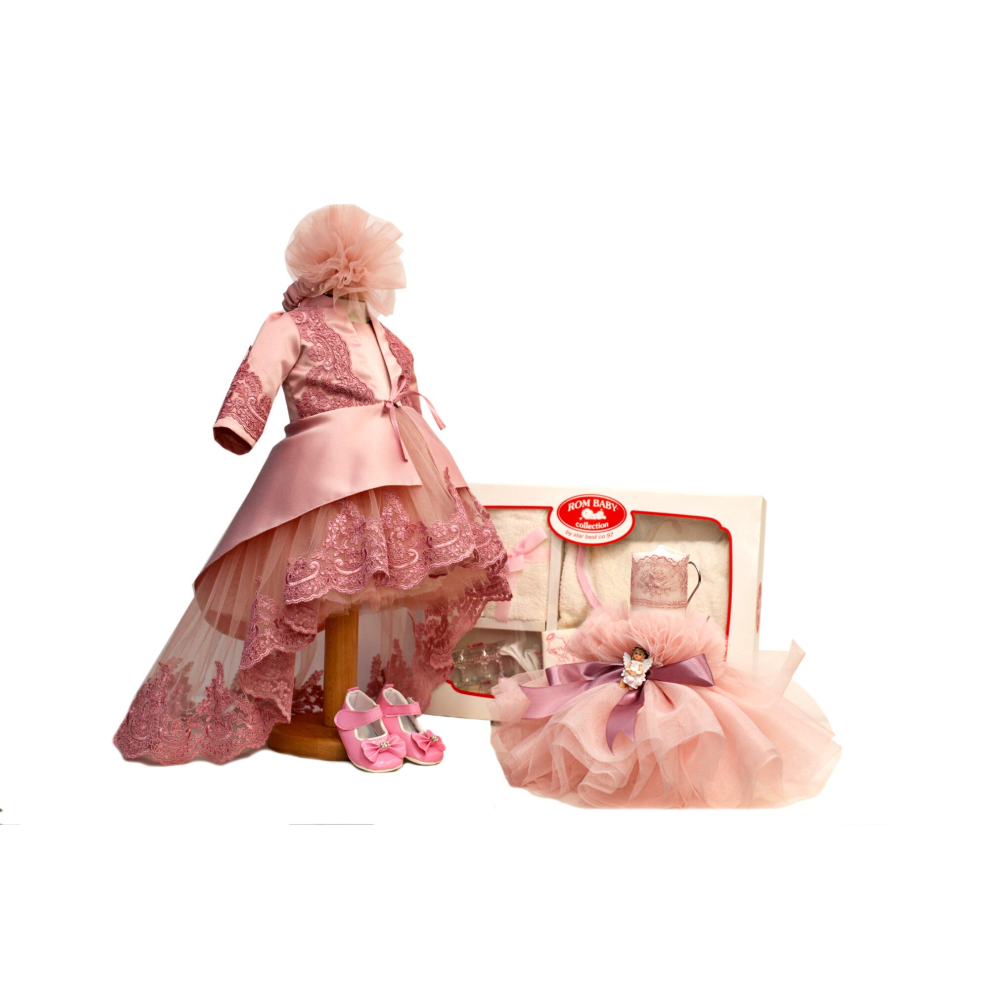 Set Botez Lempika Bebe Giselle, 6 piese, Rochita, Bolero, Bentita, Botosi, Lumanare Botez, Trusou Botez Biserica, 0-3luni