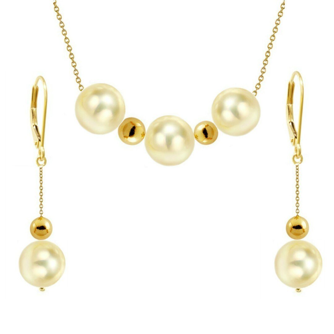 Set Trio Aur 14 karate cu Perle Naturale Akoya Light Gold