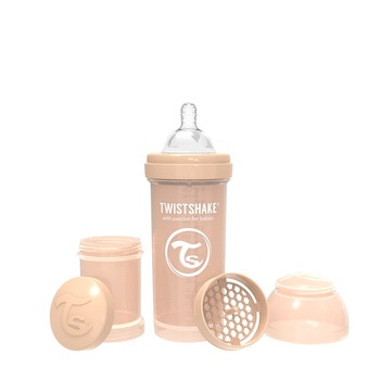Biberon anti-colici, Twistshake, 260 ml, Pastel Beige, 2 luni + Biberon anti-colici, Twistshake, 260 ml, Pastel Beige, 2 luni +