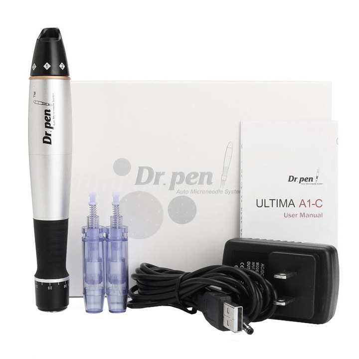 Dr. Pen A1 Titán Micro-Ace ceruza, Dermapen, Elektroporációhoz, Ránctalanításhoz és öregedésgátláshoz, Huzallal, 2x 12 tűs tartály, Mélység 0,25 - 3,00 mm, 5 sebességgel