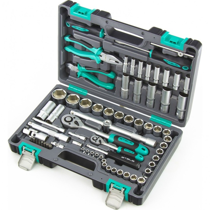 Trusa scule, 1/2", 1/4", CrV, cutie din plastic, 69 piese// STELS