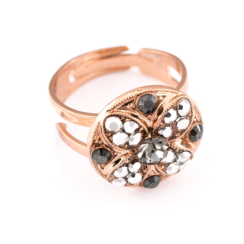 Inel placat cu Aur roz de 24K, Cristale, Black Diamond by Roxannes - Mariana Jewellery, Negru/Gri 7506-747RG