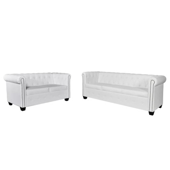 Set de 2 canapele Chesterfield, cu 2 si 3 locuri, vidaXL, Piele artificiala, Alb Set de 2 canapele Chesterfield, cu 2 si 3 locuri, vidaXL, Piele artificiala, Alb