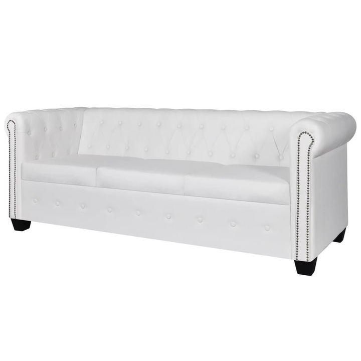 Canapea Chesterfield cu 3 locuri, vidaXL, piele artificiala, alb, 200,5 x 76 x 70 cm