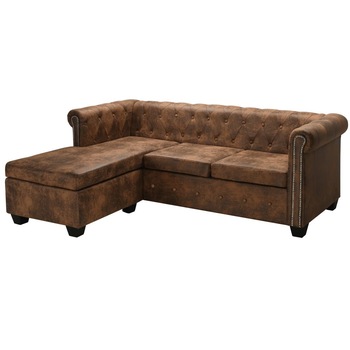 Set canapea Chesterfield cu 3 locuri si taburet, vidaXL, Piele velur artificiala, Maro, 200 x 140 x 73 cm Set canapea Chesterfield cu 3 locuri si taburet, vidaXL, Piele velur artificiala, Maro, 200 x 140 x 73 cm