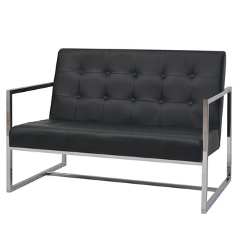 Canapea cu 2 locuri si cadru de metal, vidaXL, Piele artificiala, Negru, 114 x 78 x 81 cm
