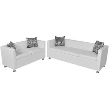 Set de 2 canapele cu 2 si 3 locuri, si 4 perne decorative, vidaXL, Piele artificiala, Alb Set de 2 canapele cu 2 si 3 locuri, si 4 perne decorative, vidaXL, Piele artificiala, Alb