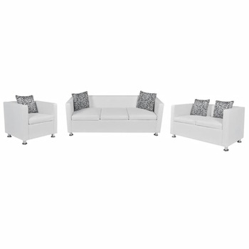 Set de 2 canapele cu 2 si 3 locuri si fotoliu si 5 perne decorative, vidaXL, Piele artificiala, Alb Set de 2 canapele cu 2 si 3 locuri si fotoliu si 5 perne decorative, vidaXL, Piele artificiala, Alb