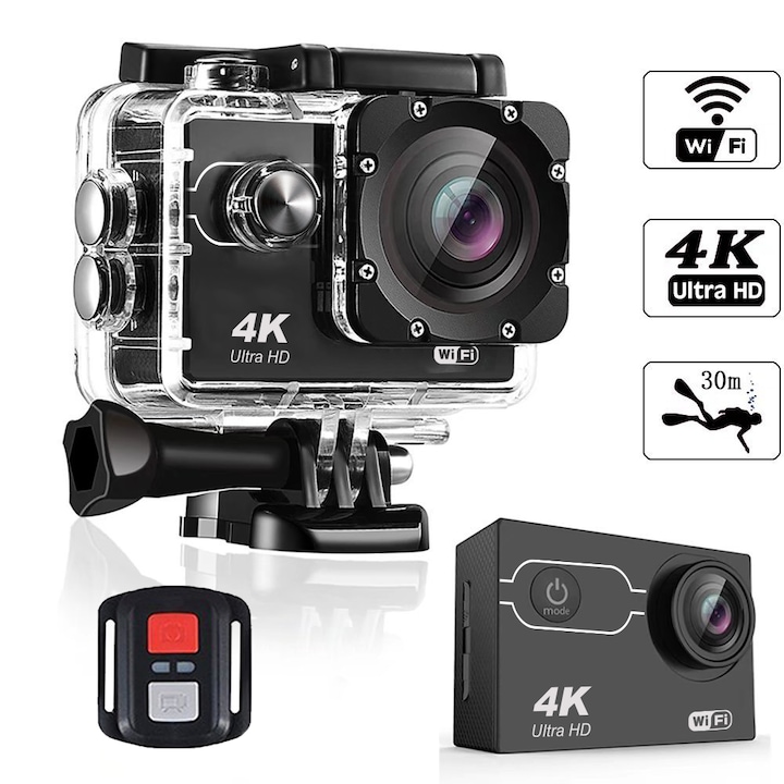 Спортна екшън камера AUSEK, 16 MP (4608*3456), 4К Ultra HD, 170 градуса, Wi-Fi, HDMI, Включени аксесоари, micro USB, Водоустойчивост до 30 м, 2-inch, Black, + дистанционно