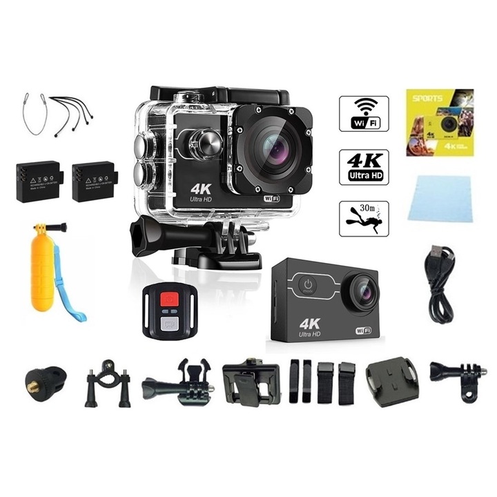 AUSEK Sports Action kamera, 4K Ultra HD, 60 FPS, 170 fok, Wi-Fi, HDMI, második akkumulátor, úszó fogantyú, tartozékok, vízálló, távirányító, fekete