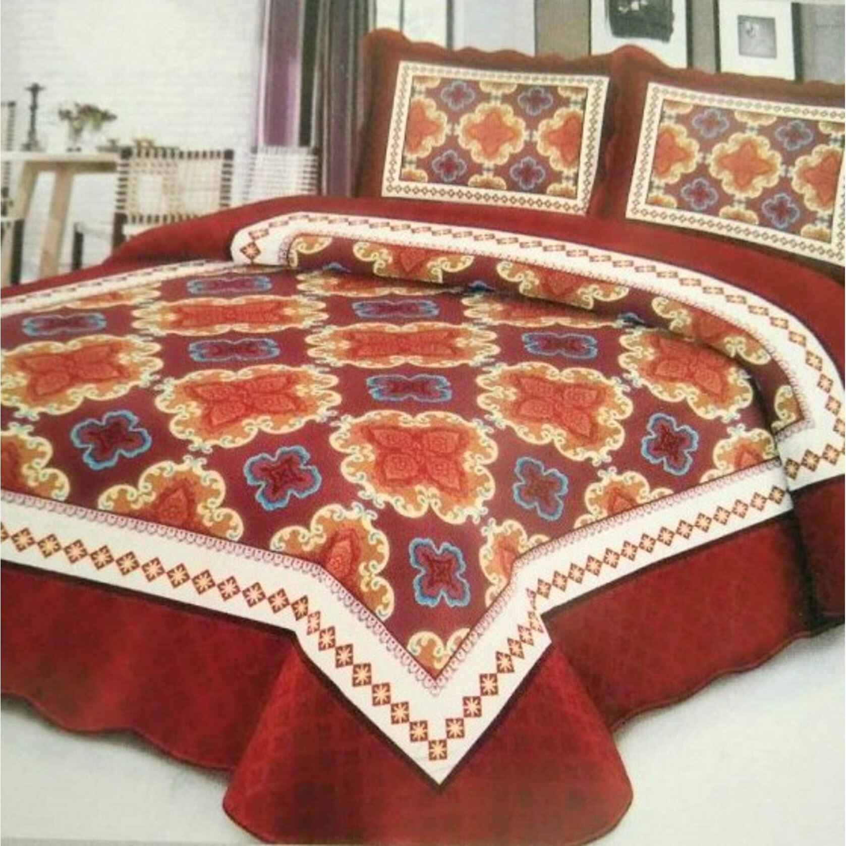 Cuvertura de pat dubla matlasata pentru 2 persoane, 3 piese, bumbac model Vika971