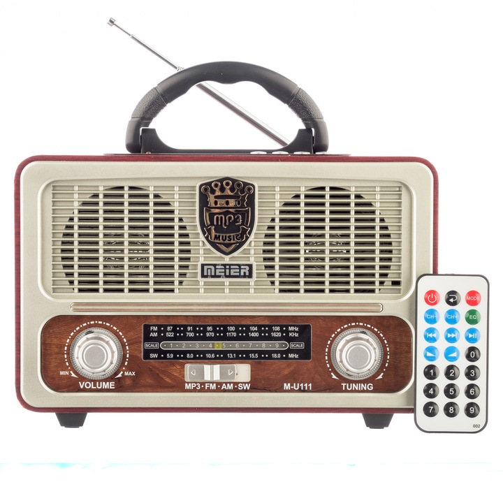 Радио Meier M-U111, С MP3 плейър, Bluetooth, FM/AM/SW3, USB, SD/ TF карта, Дистанционно, Кафяво/Сиво