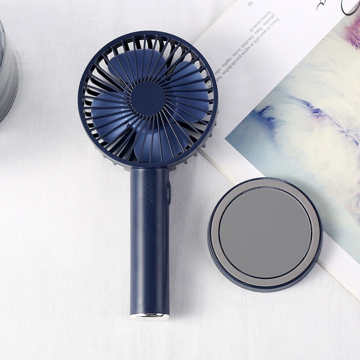 Преносим ръчен вентилатор, 5 нива на вентилация, USB зареждане, 2000mAh батерия, огледало за грим, 4W, син