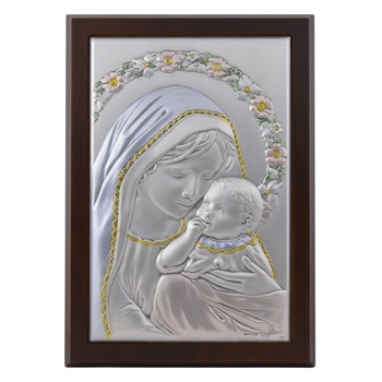 Icoana placata cu argint, pictata manual - Fecioara Maria si pruncul Iisus - Ghirlanda flori, finisaj lemn alun, 22x15 cm, 2/3 Icoana placata cu argint, pictata manual - Fecioara Maria si pruncul Iisus - Ghirlanda flori, finisaj lemn alun, 22x15 cm, 2/3