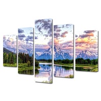 Set Tablouri Multicanvas 5 piese Premium Art Factory TrueColor Peisaj Multicolor Nori colorati deasupra apei de langa munte, Panza pe cadru de lemn, Decoratiuni Moderne pentru Casa, 120 x 225 cm