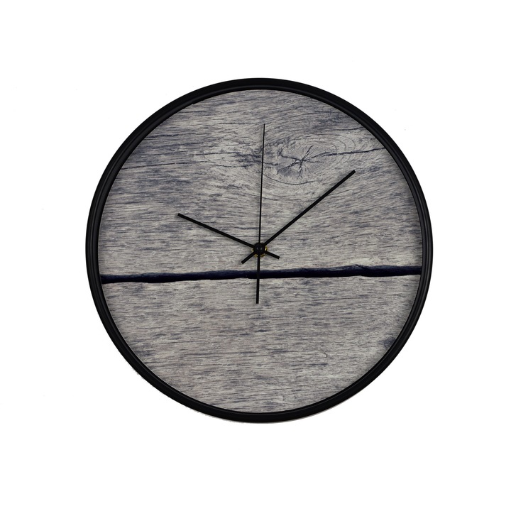 Ceas perete, produs DekoStore, pentru birou, living sau showroom, cu mecanism silentios, Lemn crapat, diametru 30 cm, rama neagra din plastic