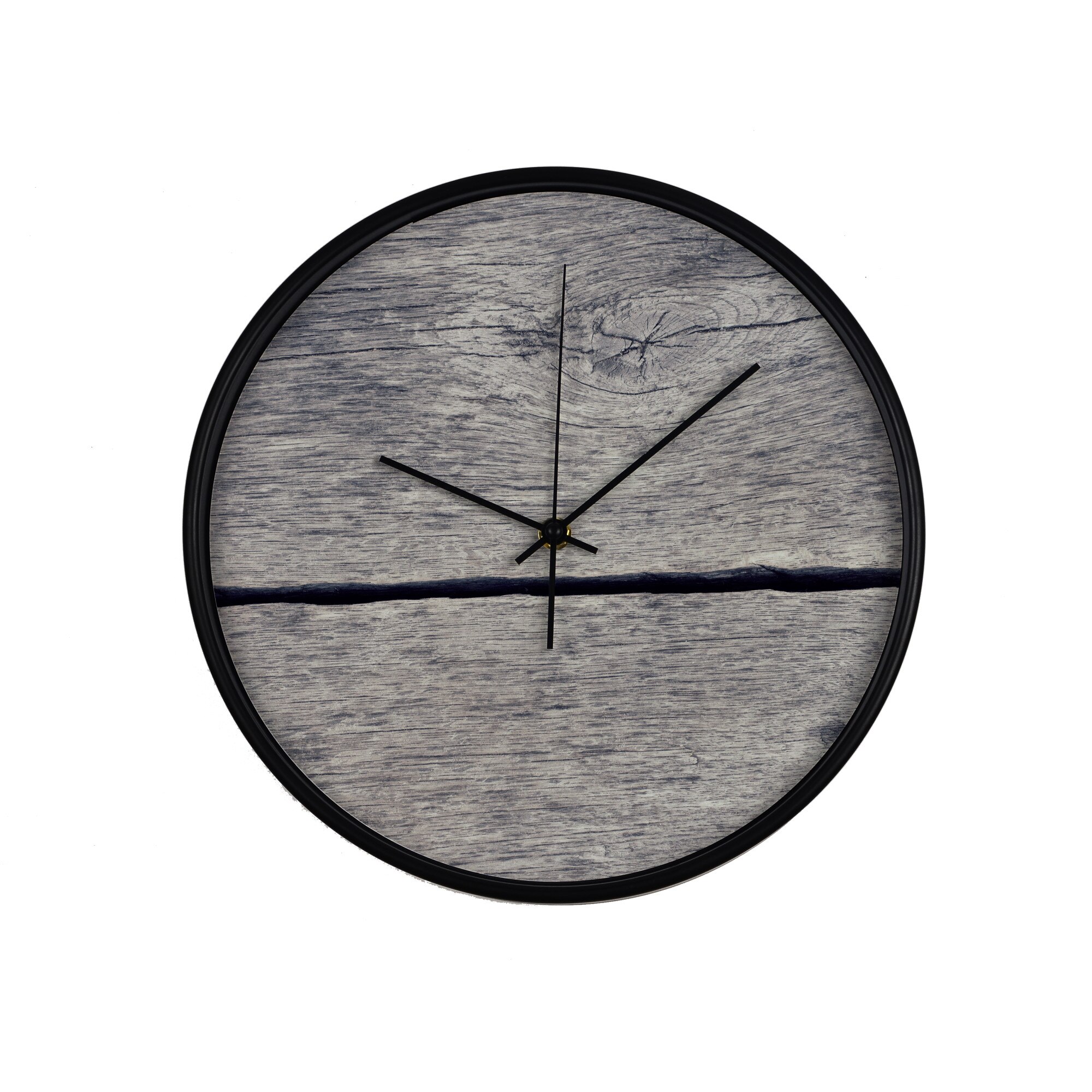 Ceas perete, produs DekoStore, pentru birou, living sau showroom, cu mecanism silentios, Lemn crapat, diametru 30 cm, rama neagra din plastic