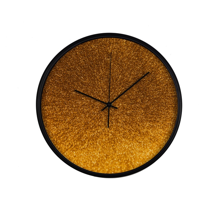 Ceas perete, produs DekoStore, pentru birou, living sau showroom, cu mecanism silentios, Ploaie de stele... aurii, diametru 30 cm, rama neagra din plastic