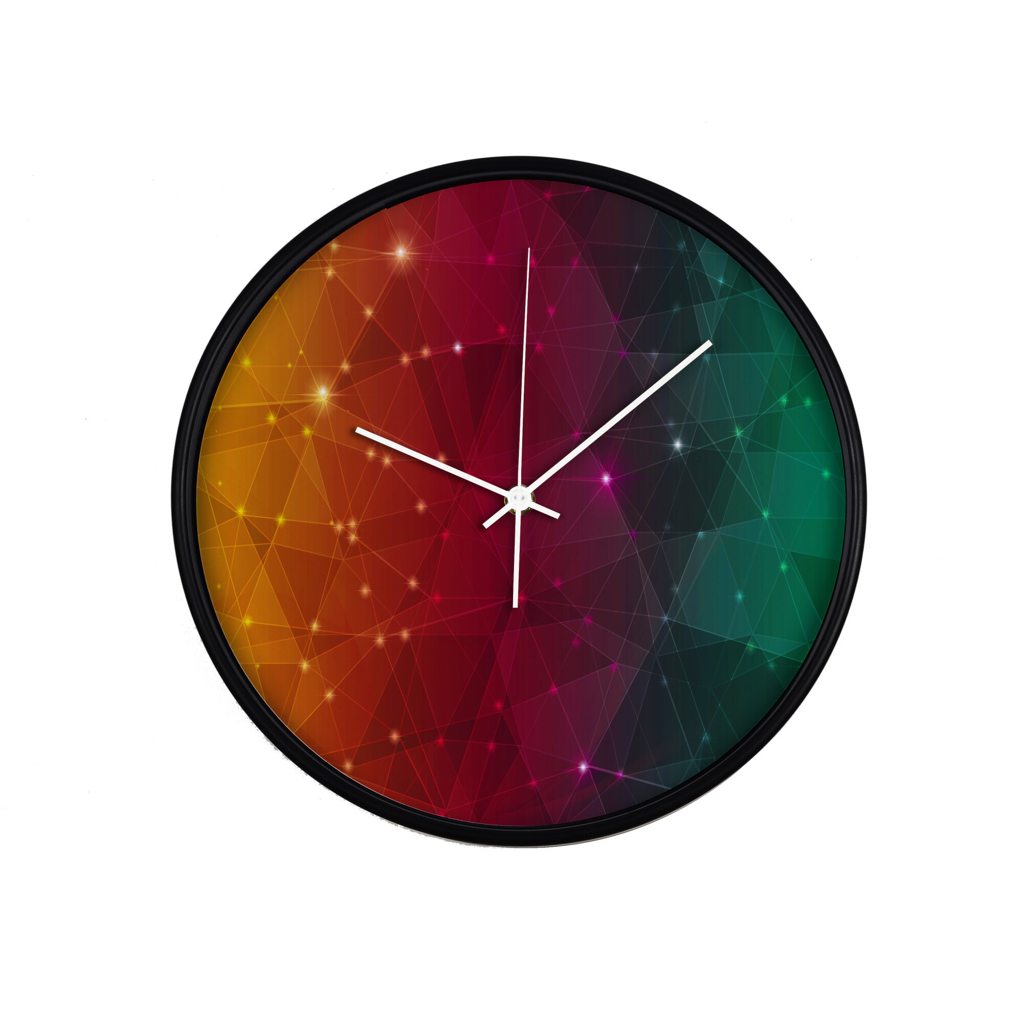 Ceas perete, produs DekoStore, pentru birou, living sau showroom, cu mecanism silentios, Conexiuni multicolore, diametru 30 cm, rama neagra din plastic