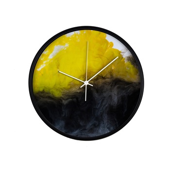 Ceas perete, produs DekoStore, pentru birou, living sau showroom, cu mecanism silentios, Yellow and black smoke, diametru 30 cm, rama neagra din plastic Ceas perete, produs DekoStore, pentru birou, living sau showroom, cu mecanism silentios, Yellow and black smoke, diametru 30 cm, rama neagra din plastic