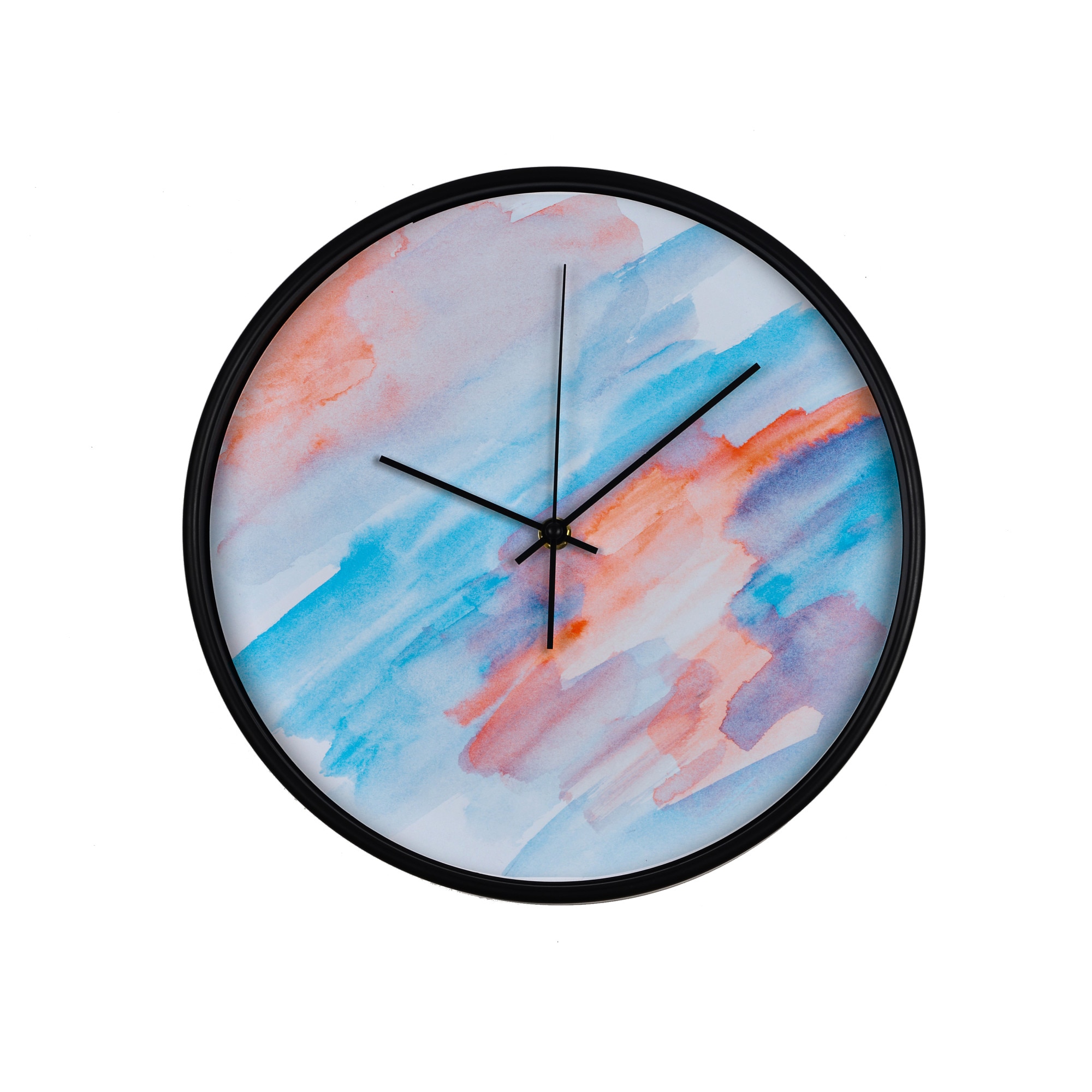 Ceas perete, produs DekoStore, pentru birou, living sau showroom, cu mecanism silentios, Pictura in acuarela, diametru 30 cm, rama neagra din plastic