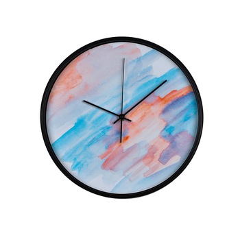 Ceas perete, produs DekoStore, pentru birou, living sau showroom, cu mecanism silentios, Pictura in acuarela, diametru 30 cm, rama neagra din plastic Ceas perete, produs DekoStore, pentru birou, living sau showroom, cu mecanism silentios, Pictura in acuarela, diametru 30 cm, rama neagra din plastic