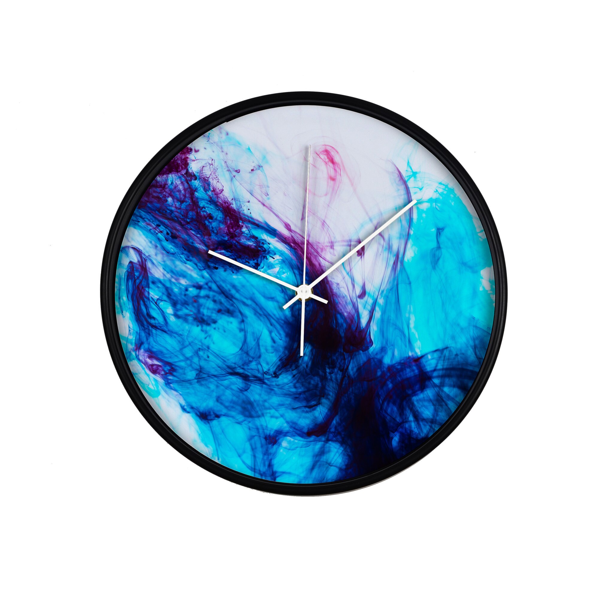 Ceas perete, produs DekoStore, pentru birou, living sau showroom, cu mecanism silentios, Blue influence, diametru 30 cm, rama neagra din plastic