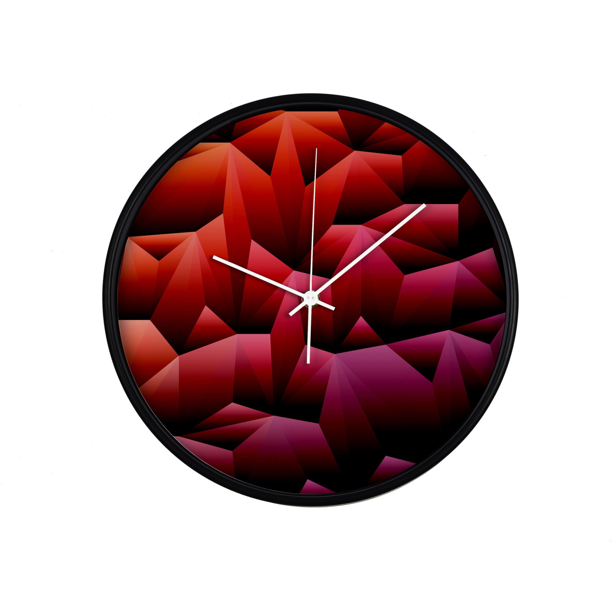 Ceas perete, produs DekoStore, pentru birou, living sau showroom, cu mecanism silentios, Prisme rosiatice, diametru 30 cm, rama neagra din plastic