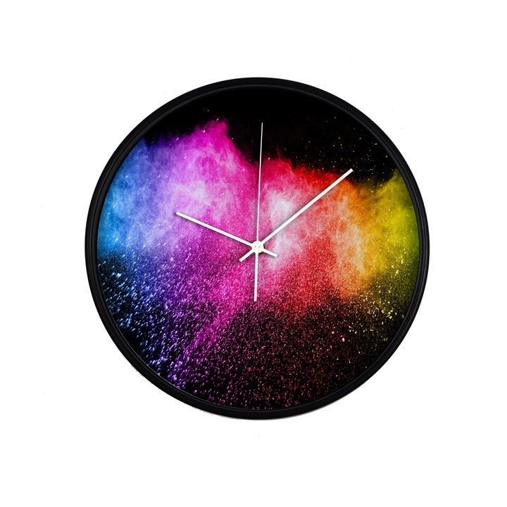 Ceas perete, produs DekoStore, pentru birou, living sau showroom, cu mecanism silentios, Explozie de culoare, diametru 30 cm, rama neagra din plastic