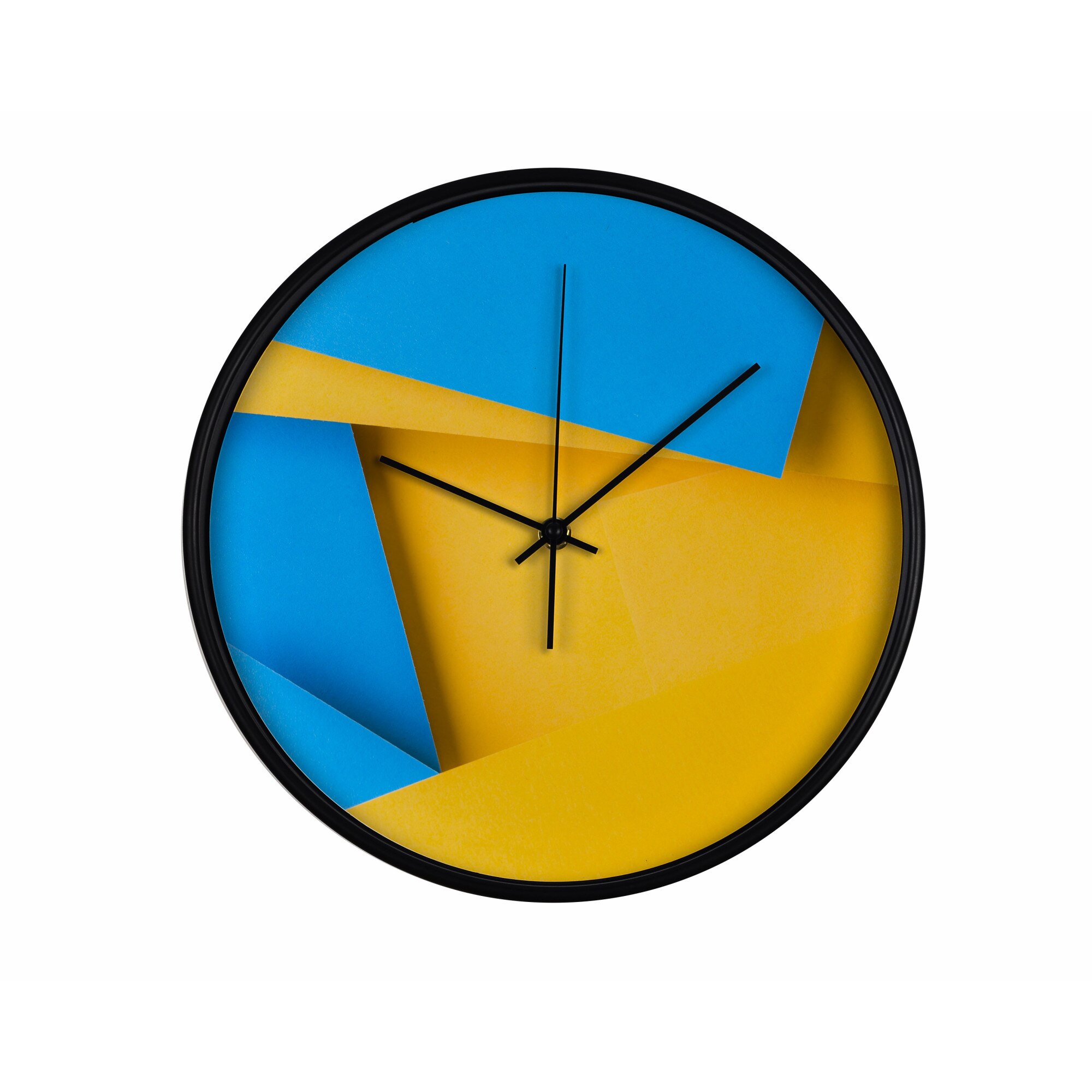 Ceas perete, produs DekoStore, pentru birou, living sau showroom, cu mecanism silentios, Geometria formelor, diametru 30 cm, rama neagra din plastic