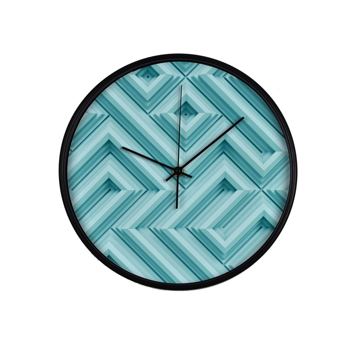 Ceas perete, produs DekoStore, pentru birou, living sau showroom, cu mecanism silentios, Iluzii multiple, diametru 30 cm, rama neagra din plastic