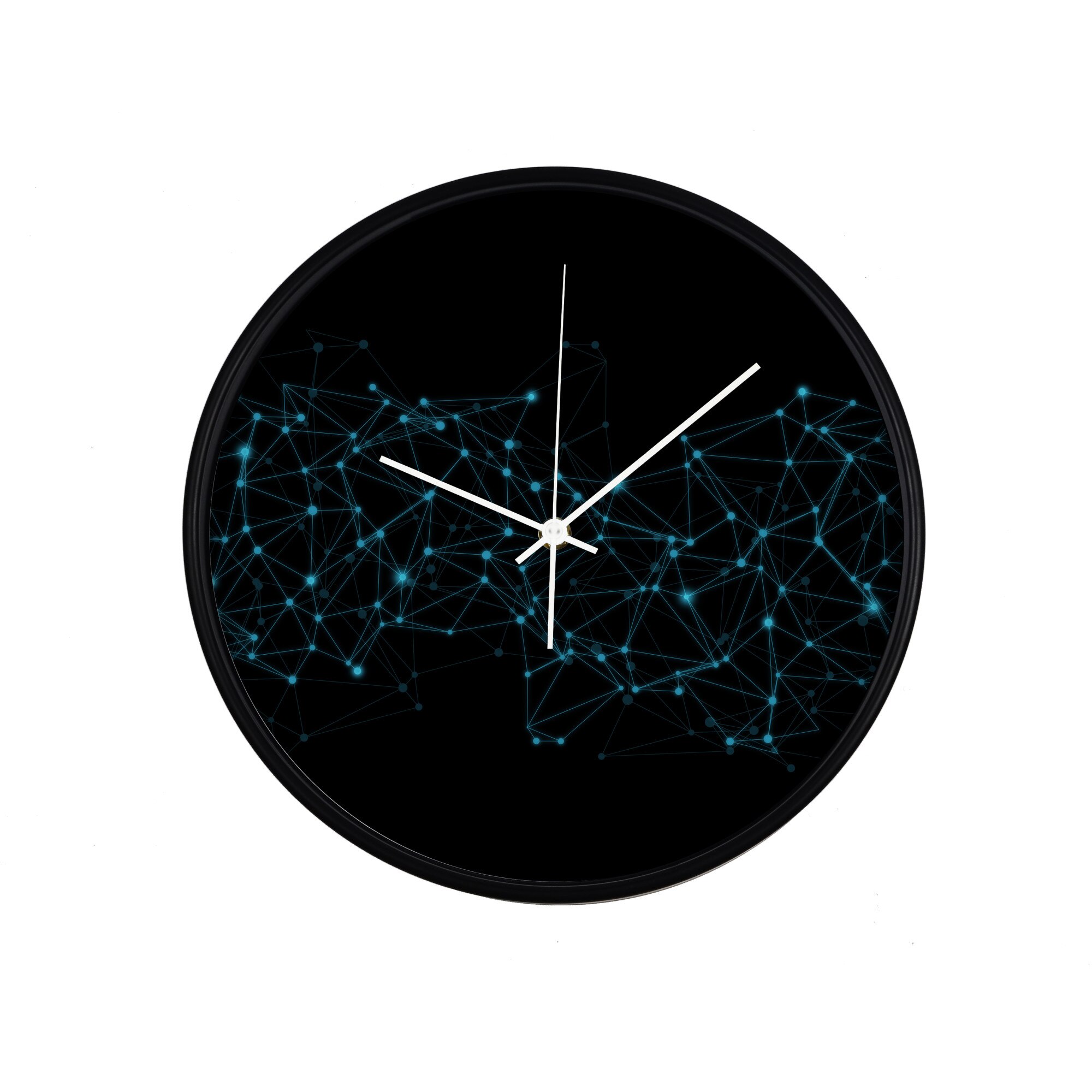 Ceas perete, produs DekoStore, pentru birou, living sau showroom, cu mecanism silentios, Conexiuni instelate pe fundal negru, diametru 30 cm, rama neagra din plastic