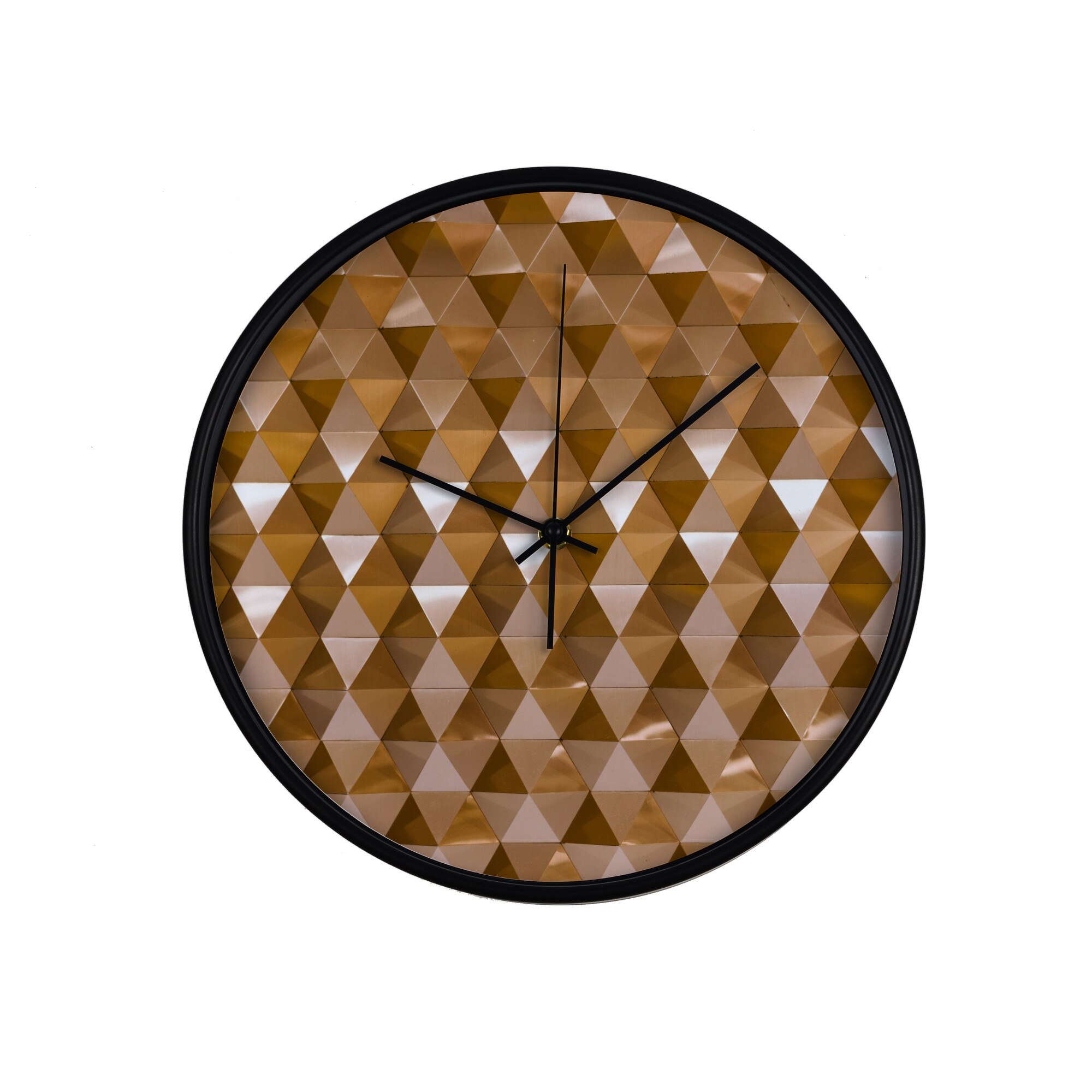 Ceas perete, produs DekoStore, pentru birou, living sau showroom, cu mecanism silentios, Prisme aurii, diametru 30 cm, rama neagra din plastic