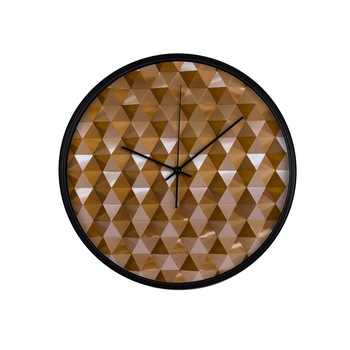 Ceas perete, produs DekoStore, pentru birou, living sau showroom, cu mecanism silentios, Prisme aurii, diametru 30 cm, rama neagra din plastic Ceas perete, produs DekoStore, pentru birou, living sau showroom, cu mecanism silentios, Prisme aurii, diametru 30 cm, rama neagra din plastic