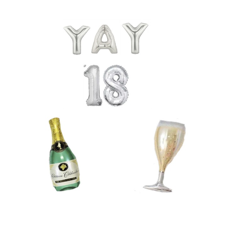 Set Baloane Aniversare, Majorat, Cifre, Sticla Sampanie, Argintiu, 41 cm