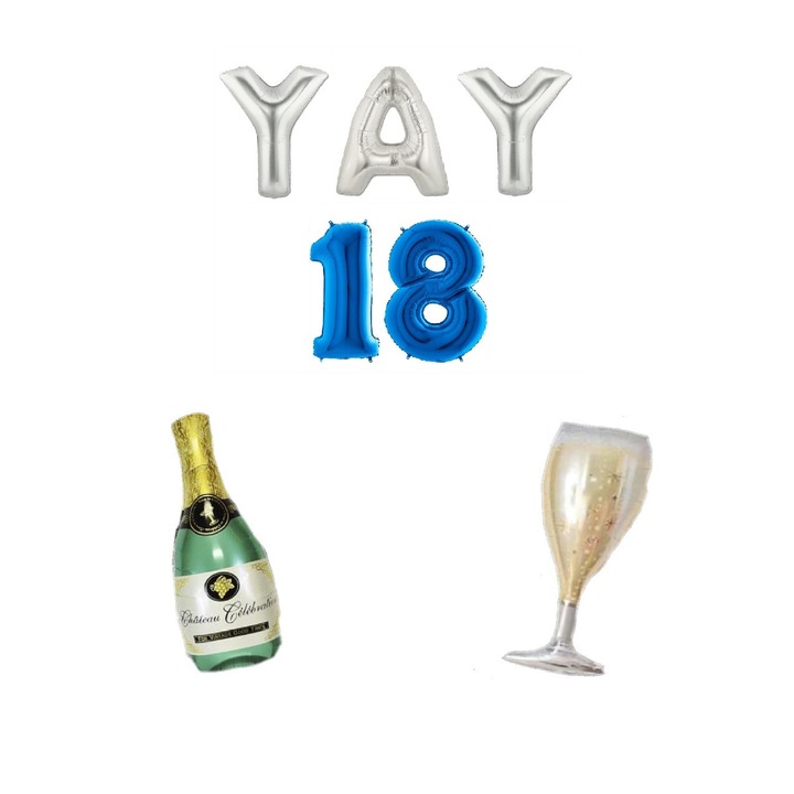 Set Baloane Aniversare, Majorat, Cifre, Sticla Sampanie, Albastru, 105 cm