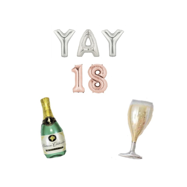 Set Baloane Aniversare, Majorat, Cifre, Sticla Sampanie, Argintiu si Rose Gold, 105 cm